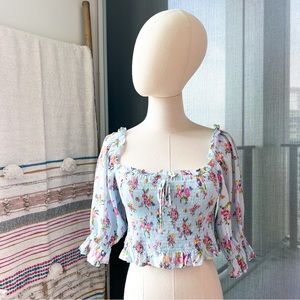 Floral Smocked Light Blue Crop Top with Ruffle Trim